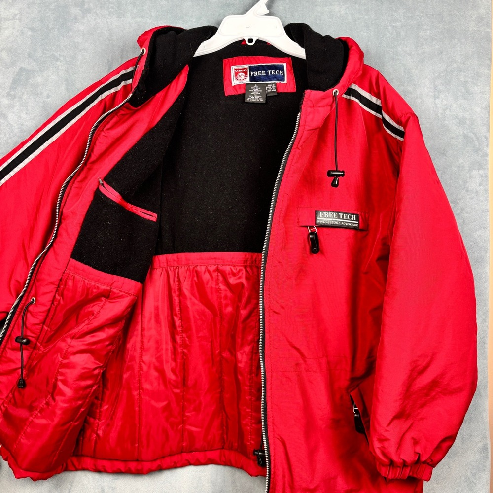 Free Tech Mens Red Winter Sport Adventure Hooded Ski Jacket Large Racing Stripe